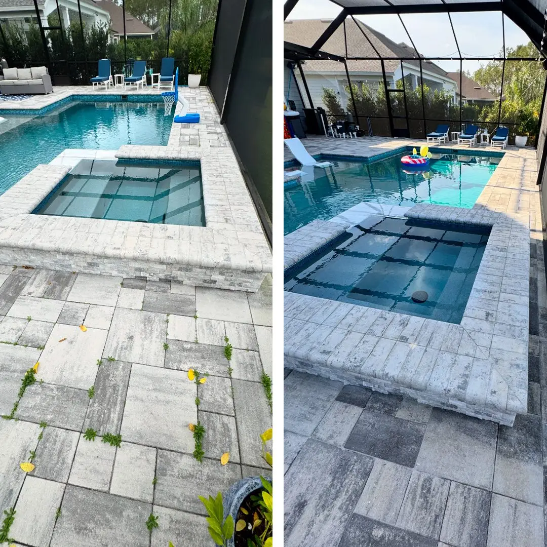 Restored paver driveway in Ponte Vedra after professional sanding and sealing