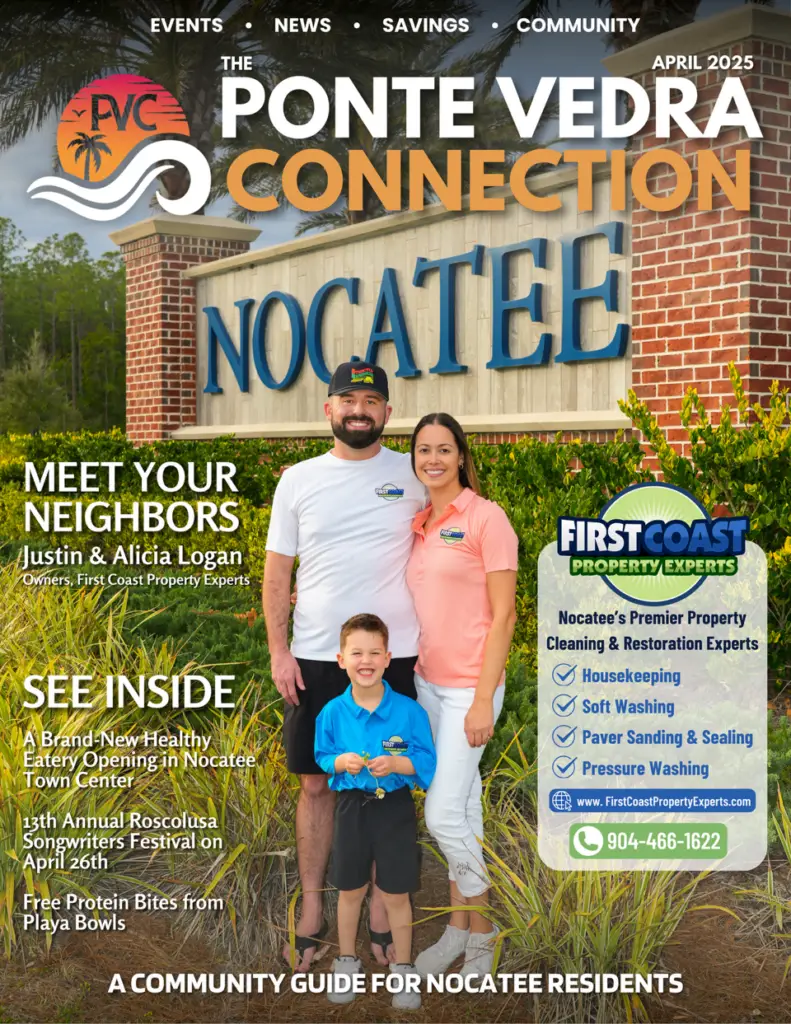 #Nocatee Property Cleaning & Restoration Experts – Interior Housekeeping to Paver Sealing - First Coast Property Experts man, woman, and young boy standing in front of the nocatee sign on a local magazine cover, representing a nocatee‐based property cleaning and restoration business offering interior housekeeping, soft washing, roof washing, and paver sealing services.