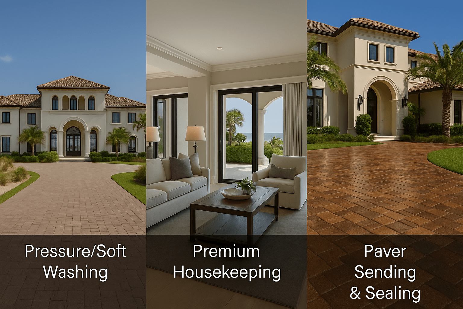 three-panel image showing luxury homes in nassau county: an oceanfront estate with a soft-washed driveway, an upscale villa interior with ocean views, and a grand home with freshly sealed paver driveway.