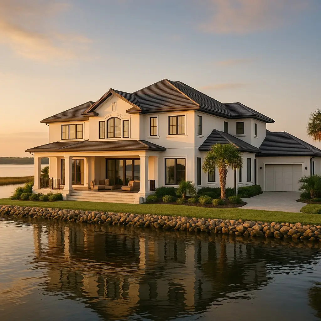 Roof soft wash Nassau County — Amelia Island home after soft wash