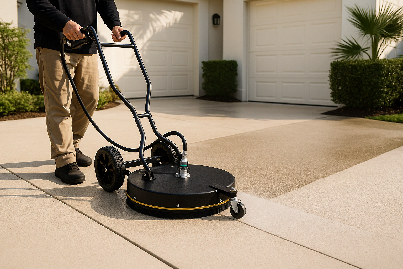Surface cleaner producing a clean pass line on an Amelia Island driveway.