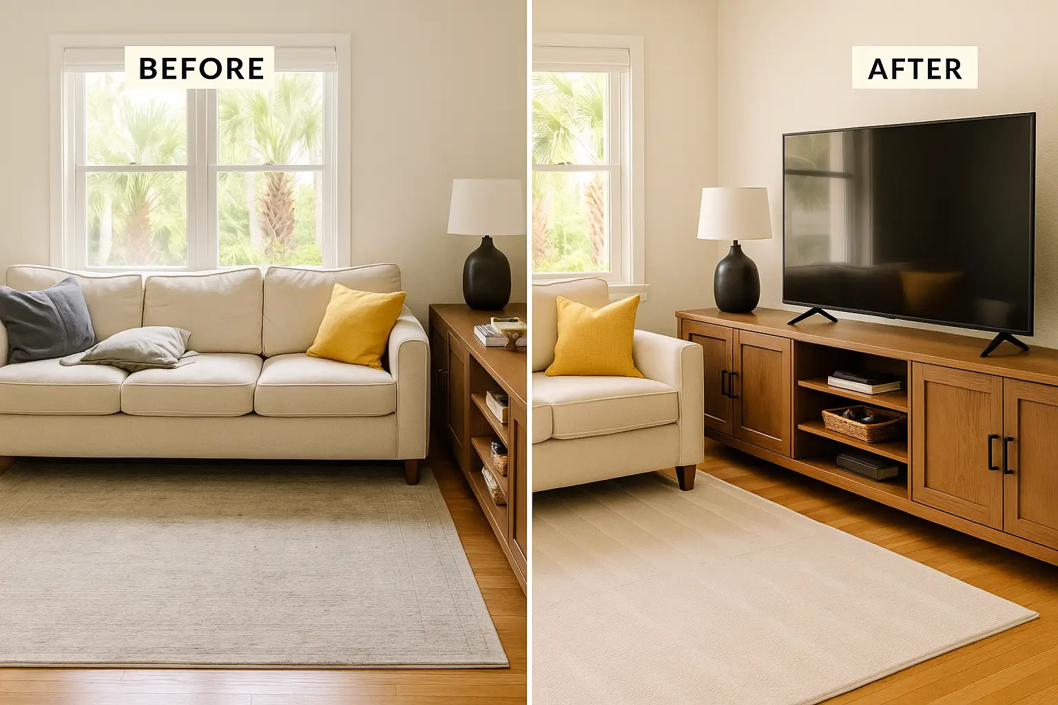 Before and after comparison of a coastal living room reset with clutter removed and surfaces cleaned