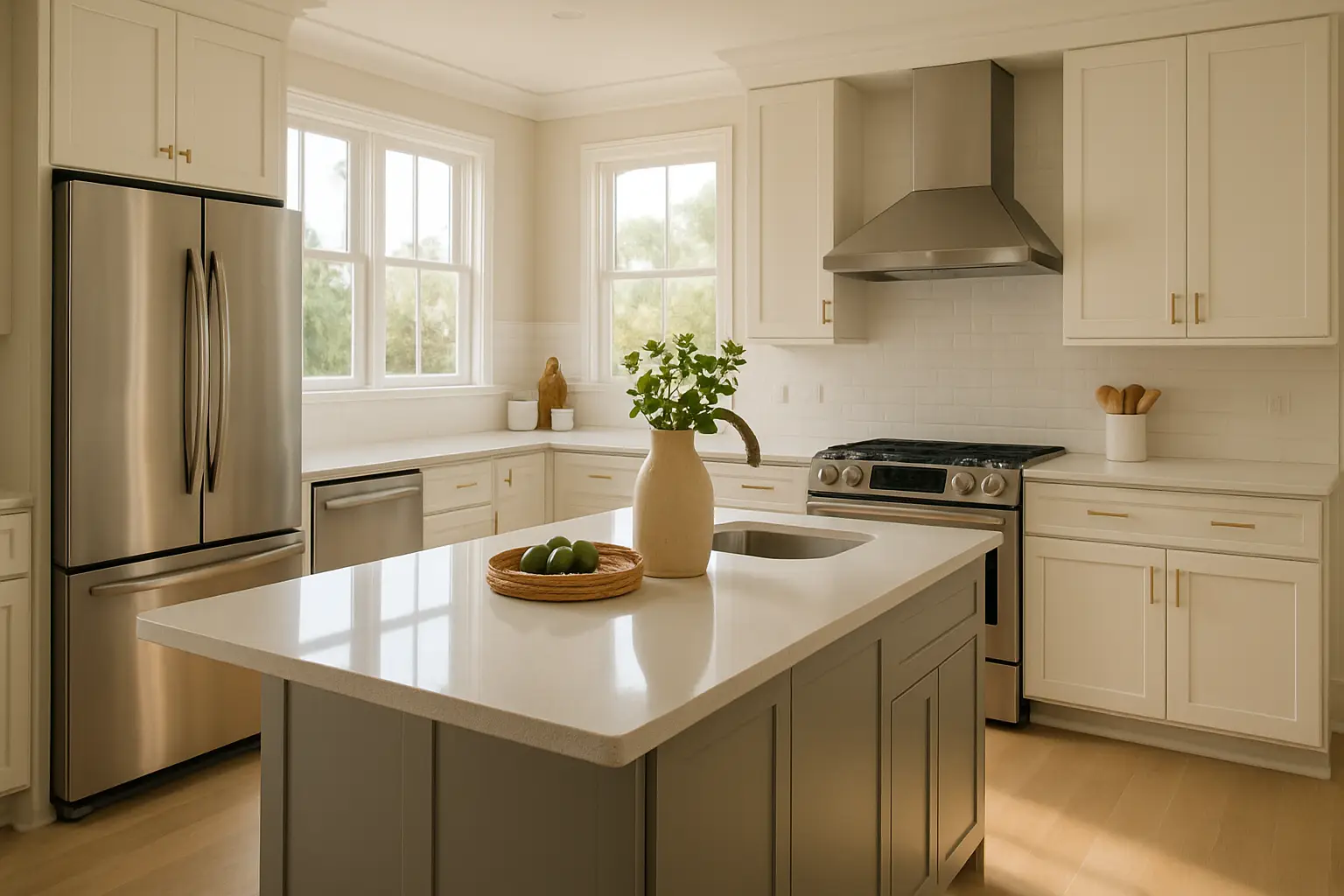 Airy kitchen with island showcasing high‑end housekeeping in Amelia Island
