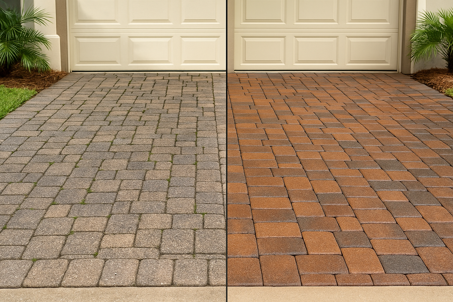 Before and after paver restoration—left dull with weeds, right clean, re‑sanded, and sealed.