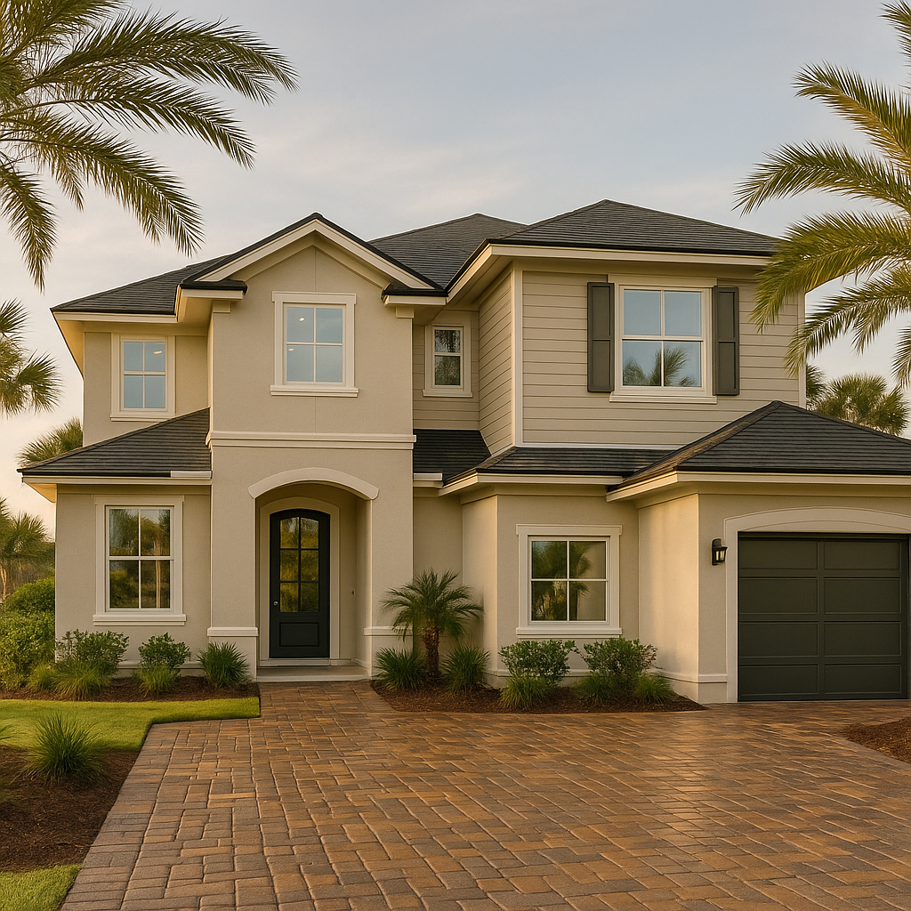 Sanded and sealed paver driveway with rich color and satin sheen in Amelia Island Plantation.