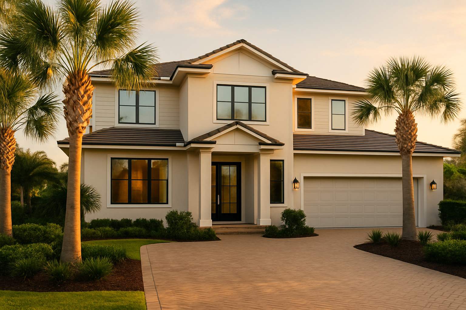 Amelia Island Plantation home with spot‑free windows and satin‑sealed paver driveway at sunset.
