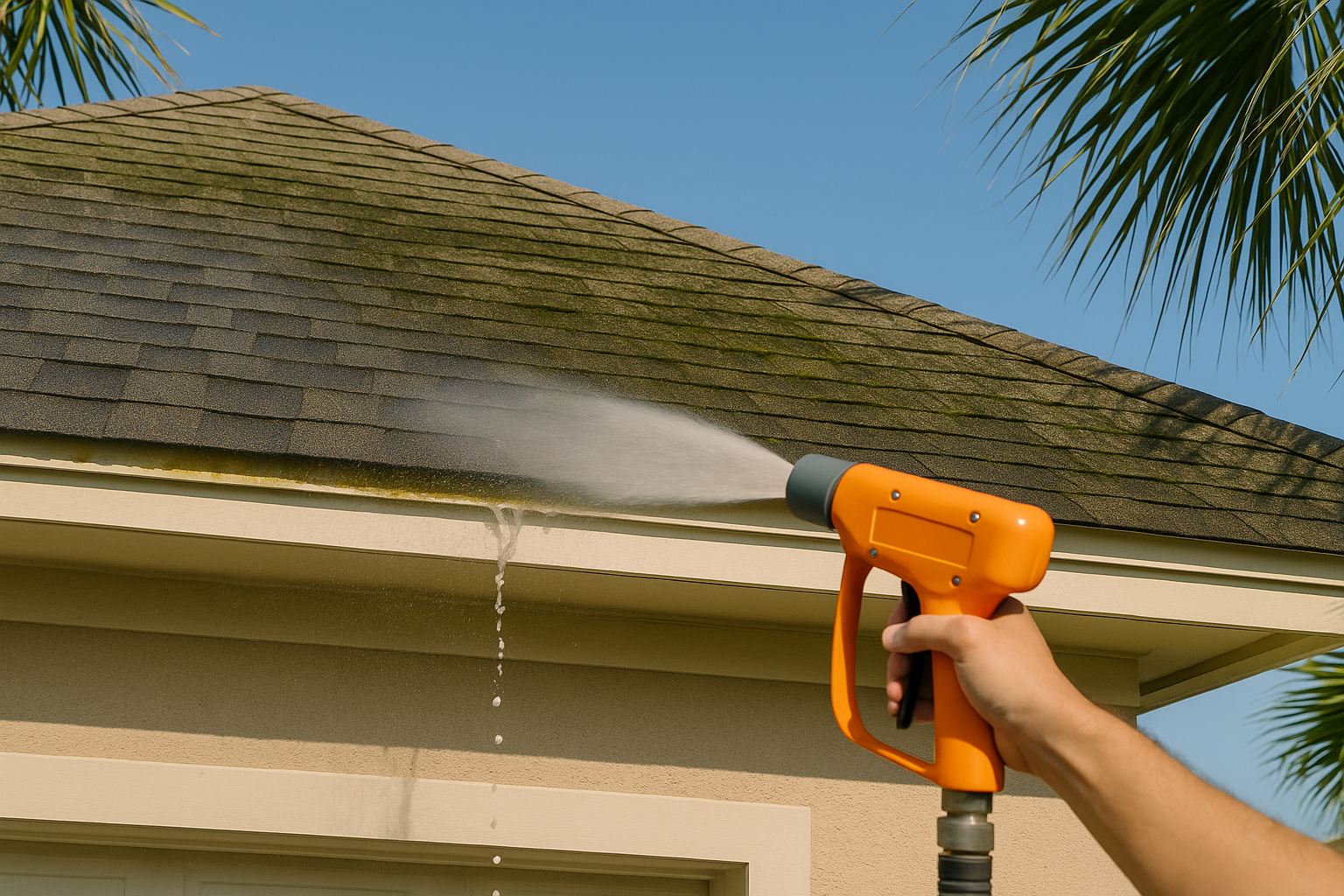 Low‑pressure roof cleaning on a coastal home—controlled fan spray along shingles.