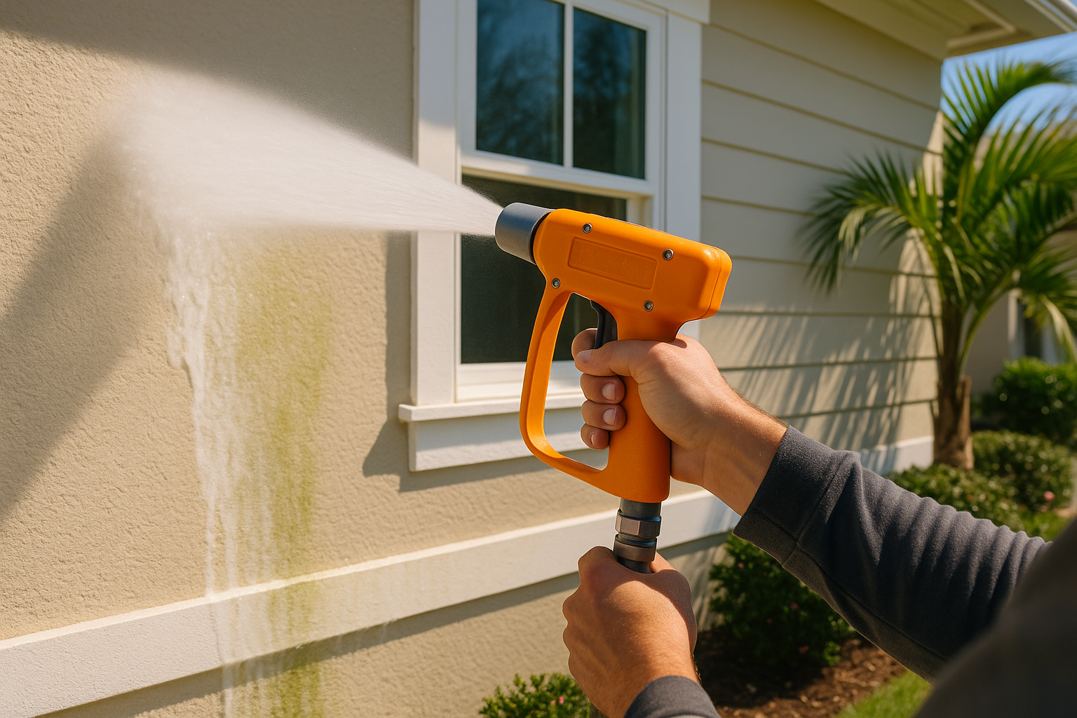 Low‑pressure soft wash safely cleaning coastal stucco below a window on Amelia Island.