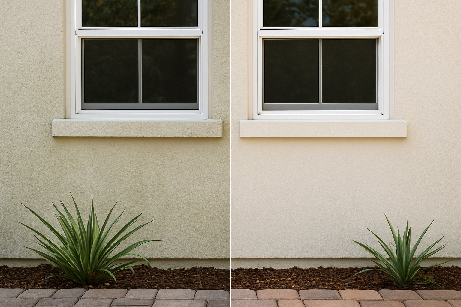 Before and after soft‑washing stucco—algae removed for an even, bright surface.