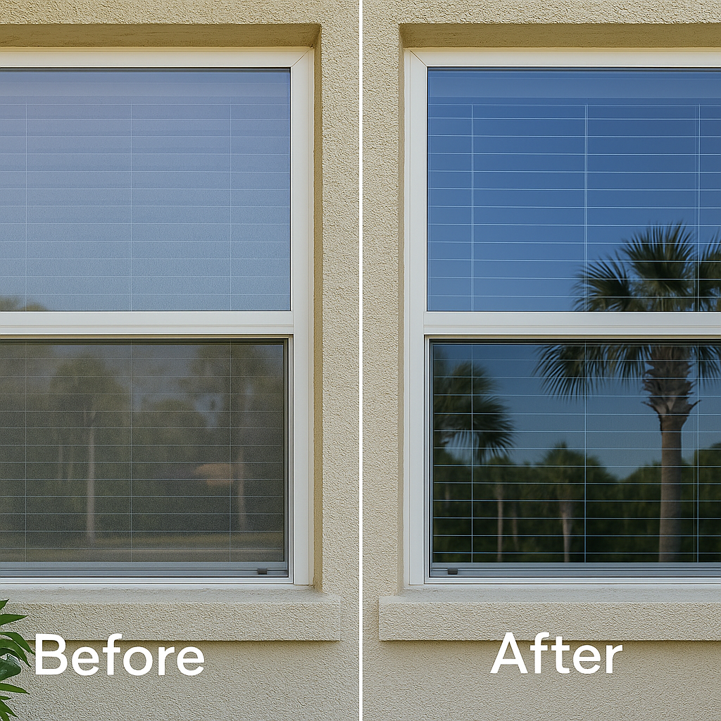 Before and after RO/DI exterior window cleaning—haze removed, palm reflections visible.
