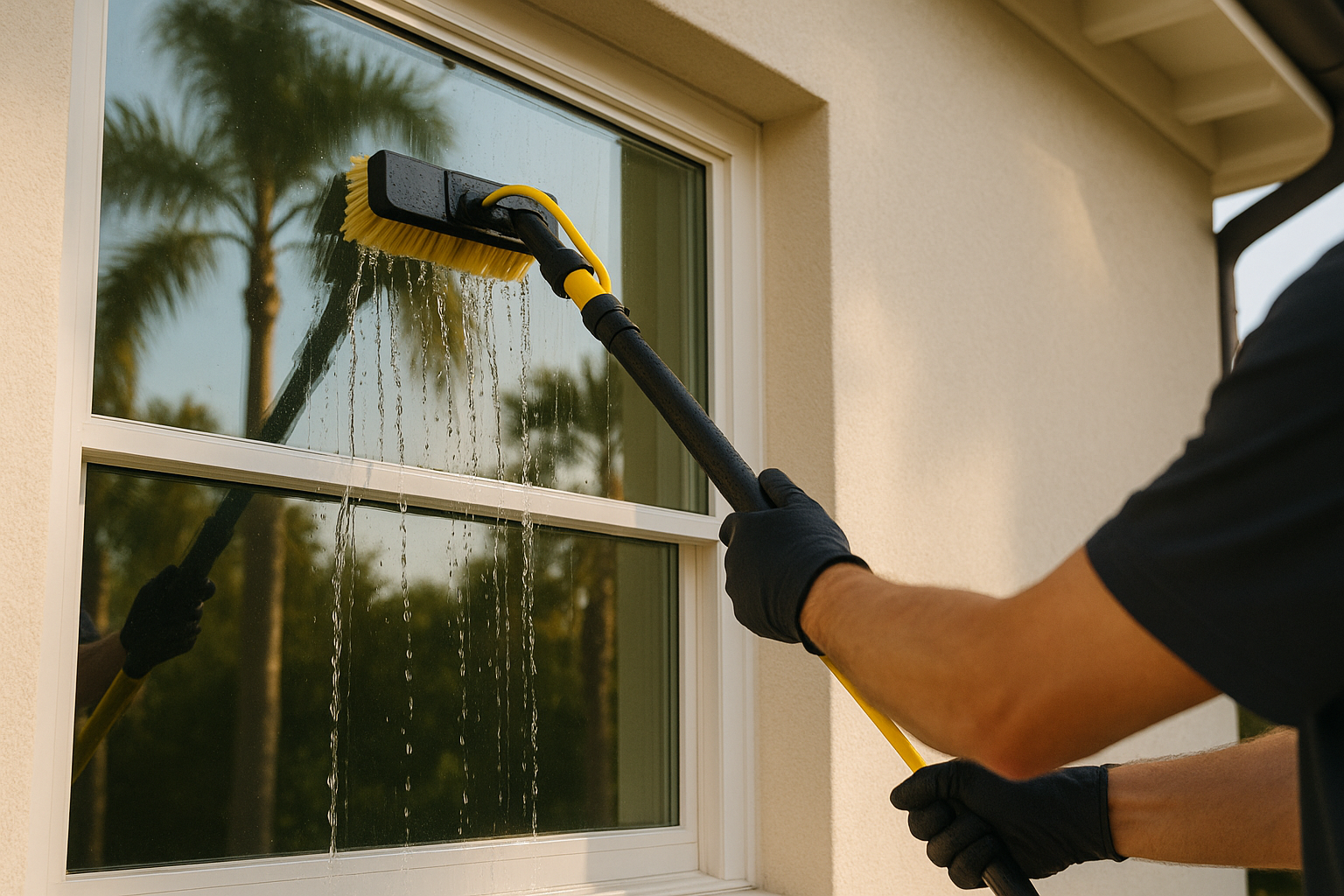 Water‑fed pole applying RO/DI pure water to an upper window for a spot‑free finish.
