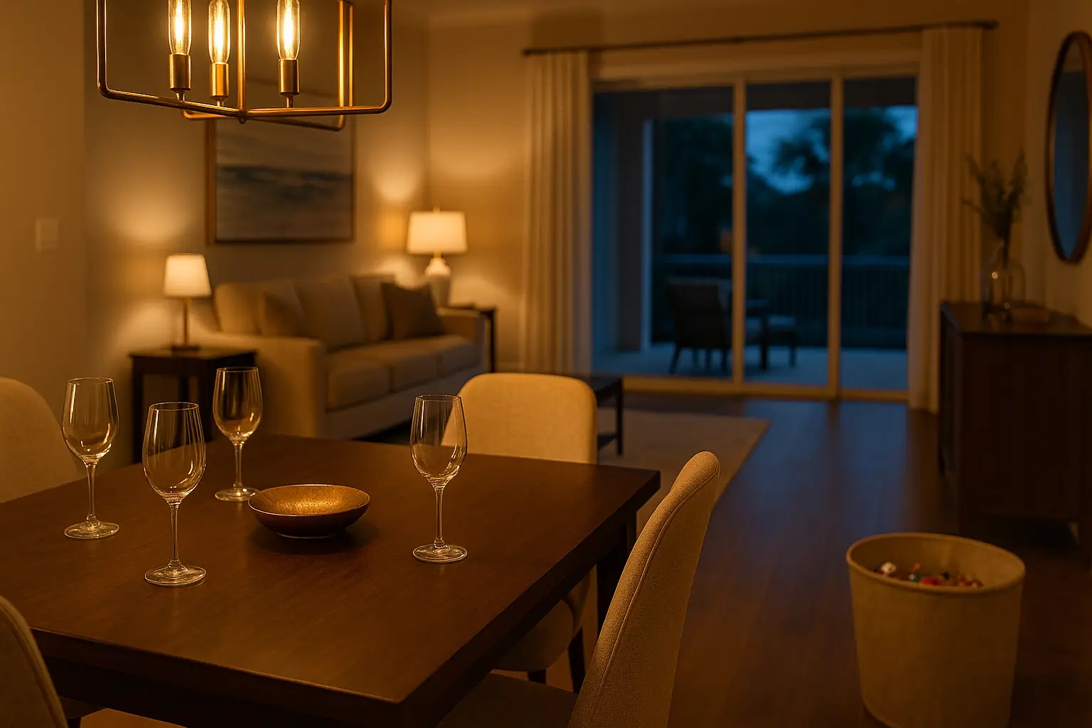 Dining room reset after an event with chairs aligned and table spotless