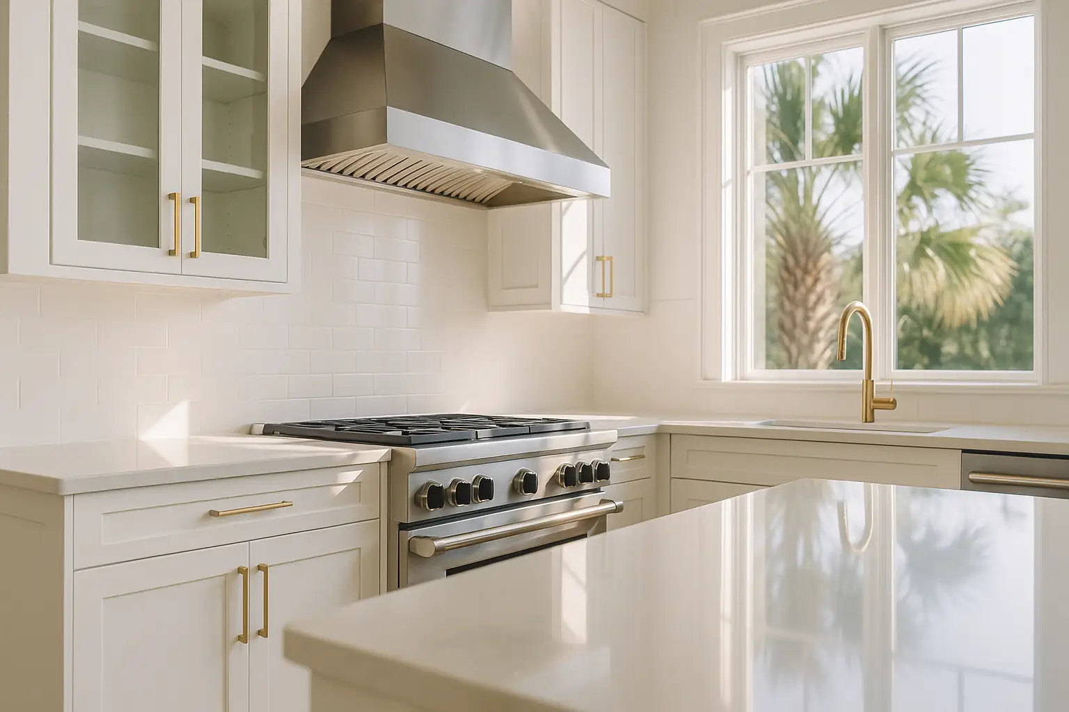 Bright white kitchen with gold hardware after detailed deep cleaning