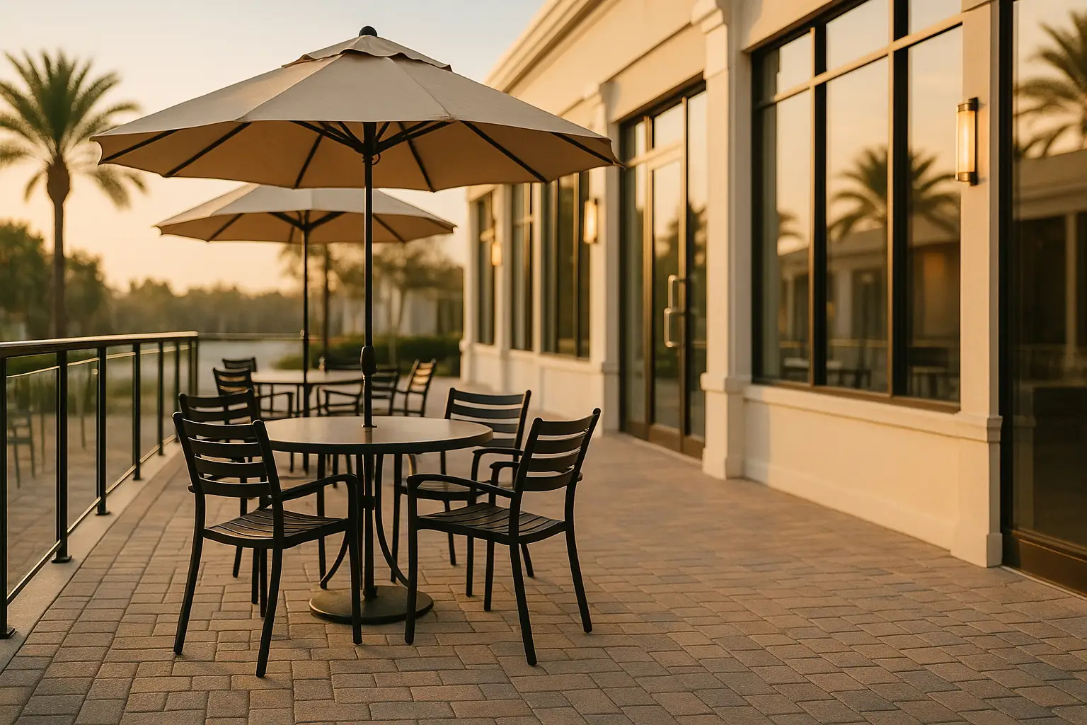 Neatly set outdoor dining area with umbrellas and clean paver patio outside a restaurant