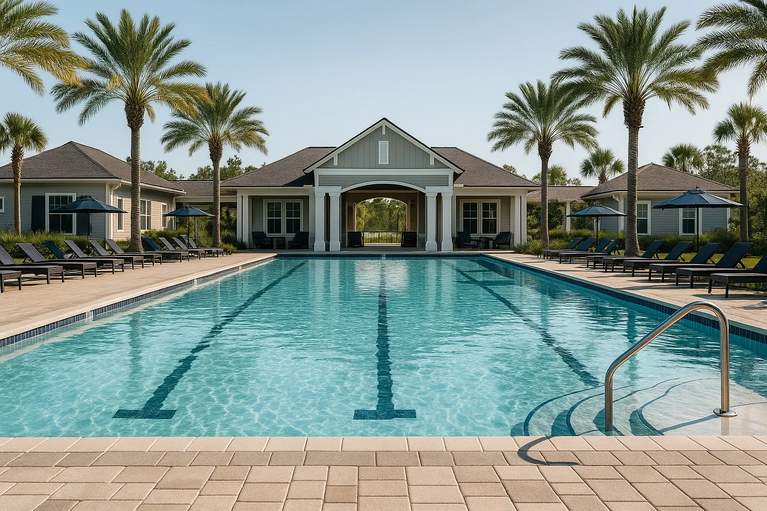 Pristine community pool with clean paver deck, palm trees, and cabana in Northeast Florida