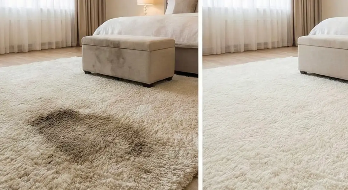 Before and after comparison of an area rug restored with hot‑water extraction