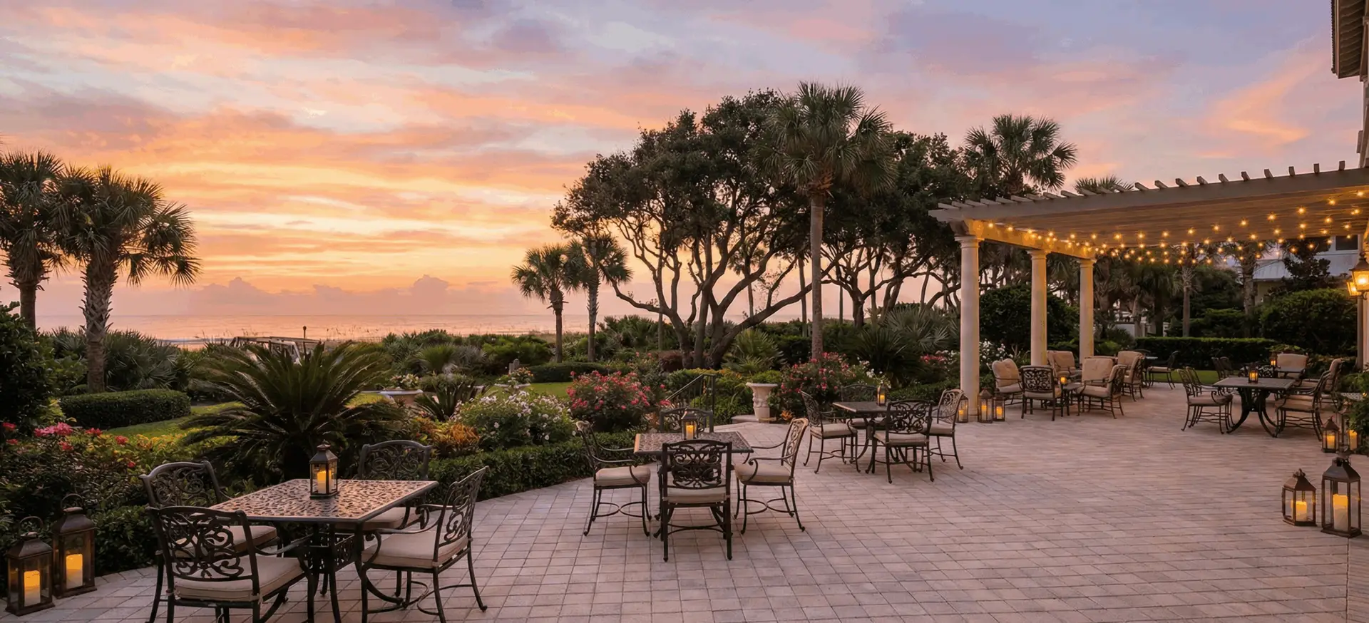 Outdoor patio and seating area cleaned at sunrise after a party