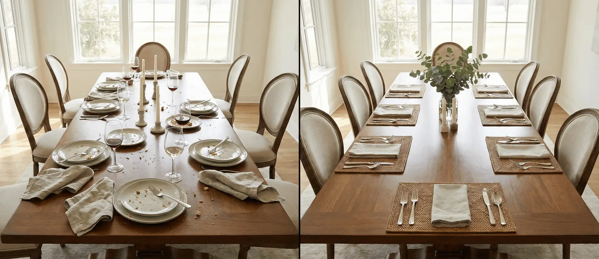 Before and after split image of a dining table cluttered after a party versus cleared and spotless