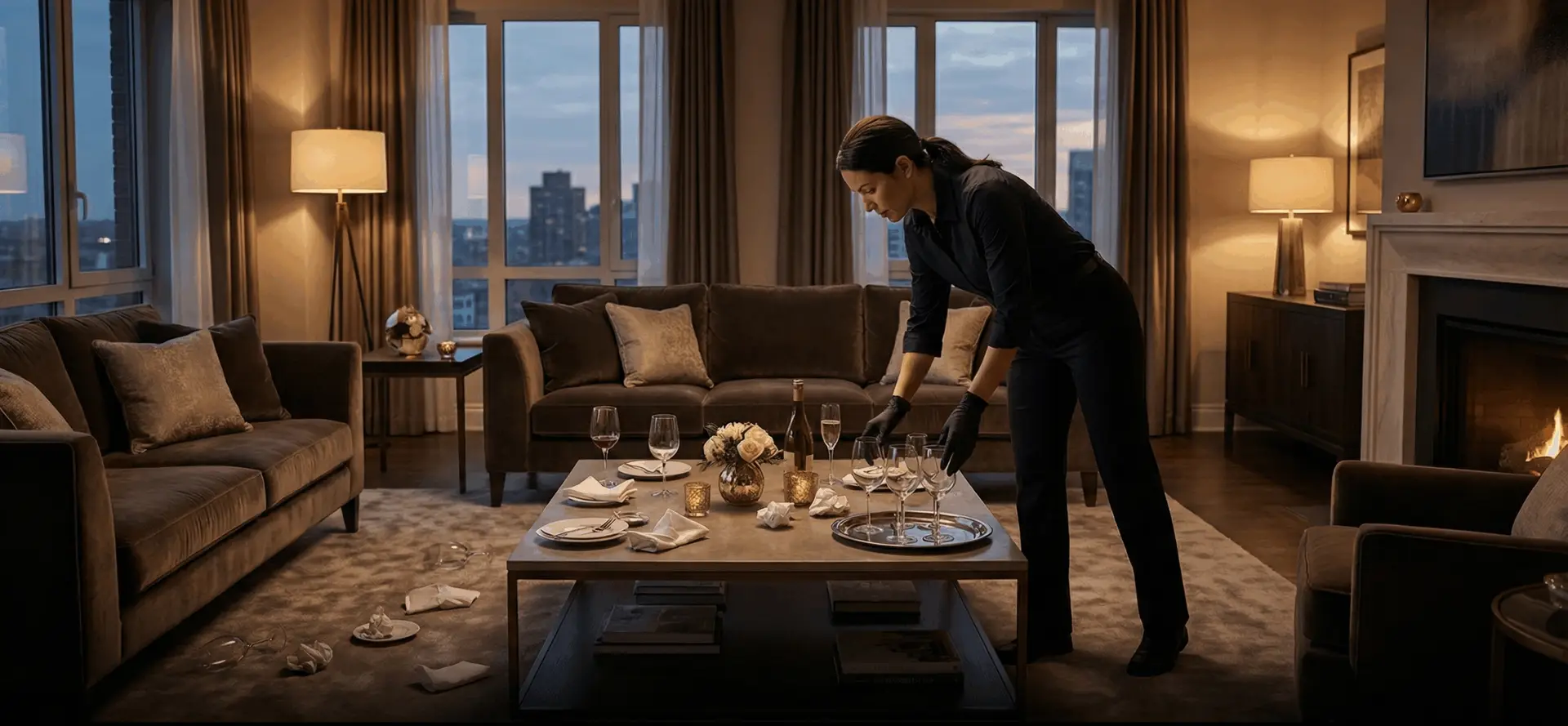 Luxury living room tidied after an evening event with surfaces cleared and pillows reset