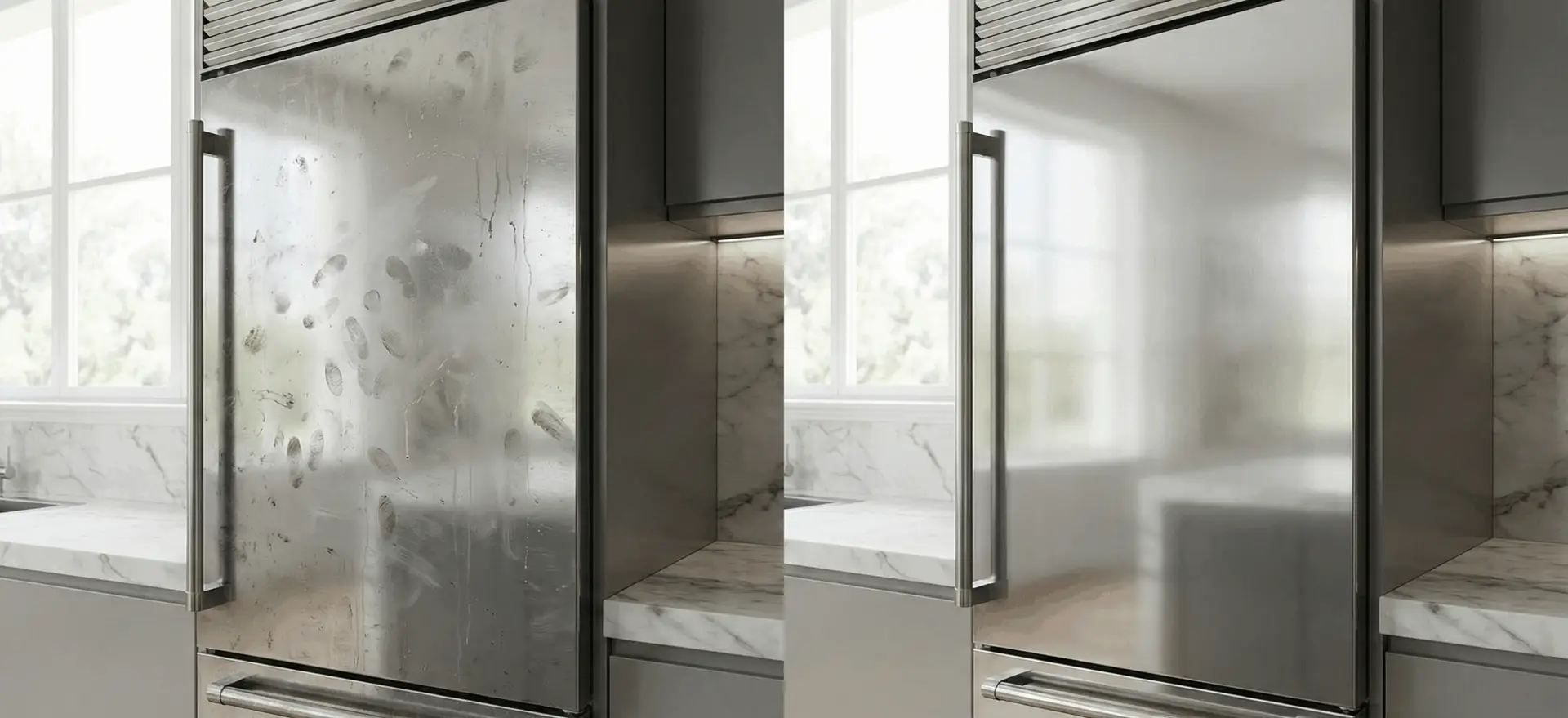 Before and after of a stainless refrigerator door covered in fingerprints versus polished and spotless