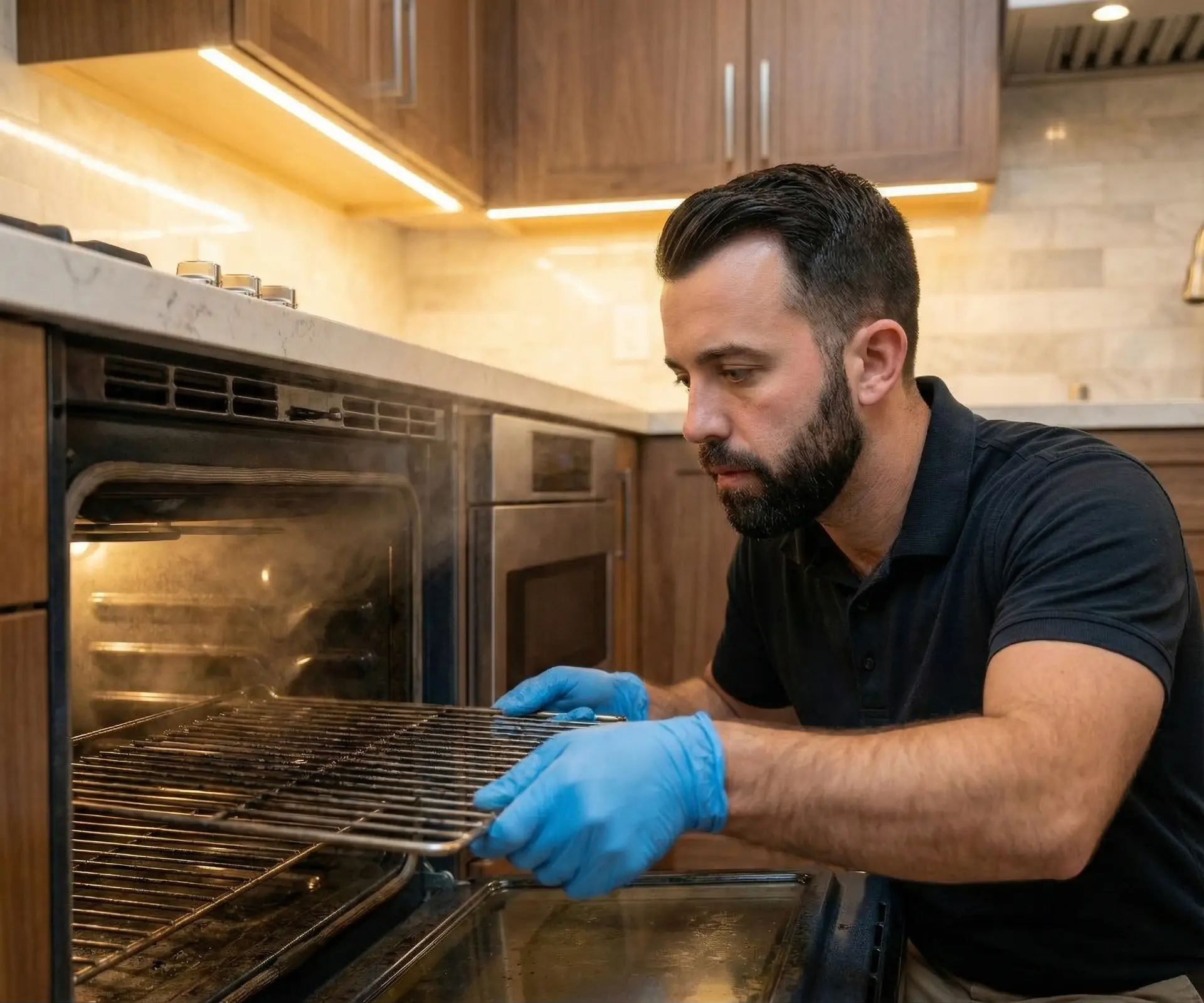 Professional cleaner detailing the interior of a high-end oven in a Jacksonville kitchen
