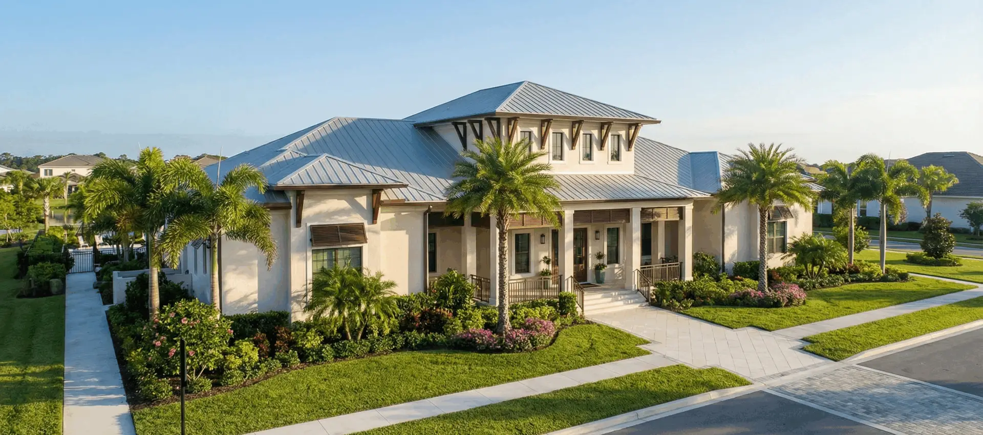 Upscale community clubhouse exterior with clean walkways and manicured landscaping