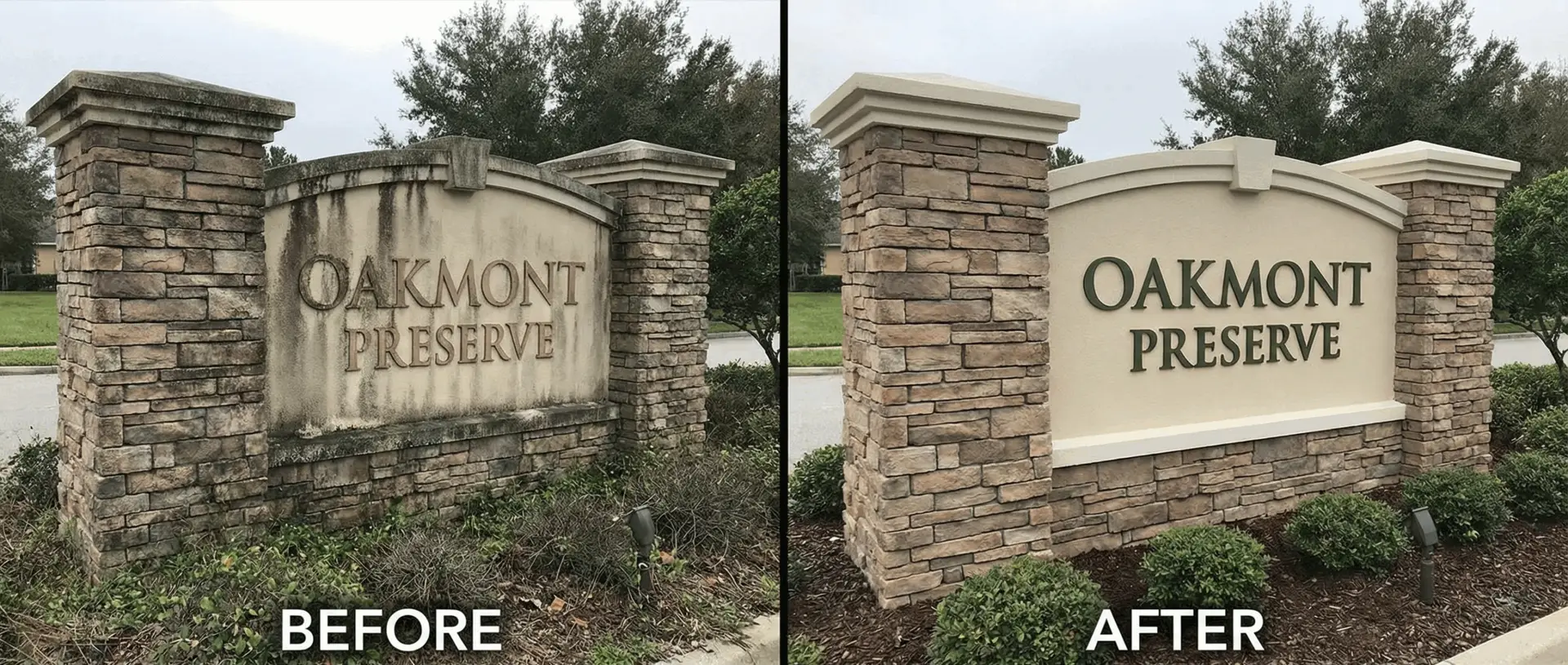 Before and after of a community monument sign covered in mildew versus clean and bright