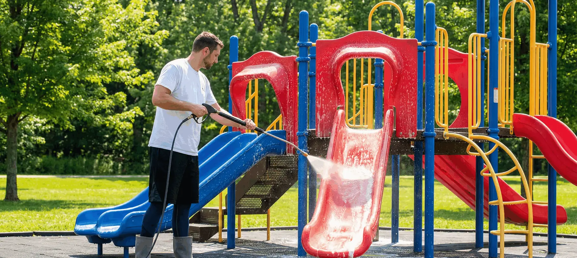 Professional cleaner sanitising community playground equipment on a sunny day