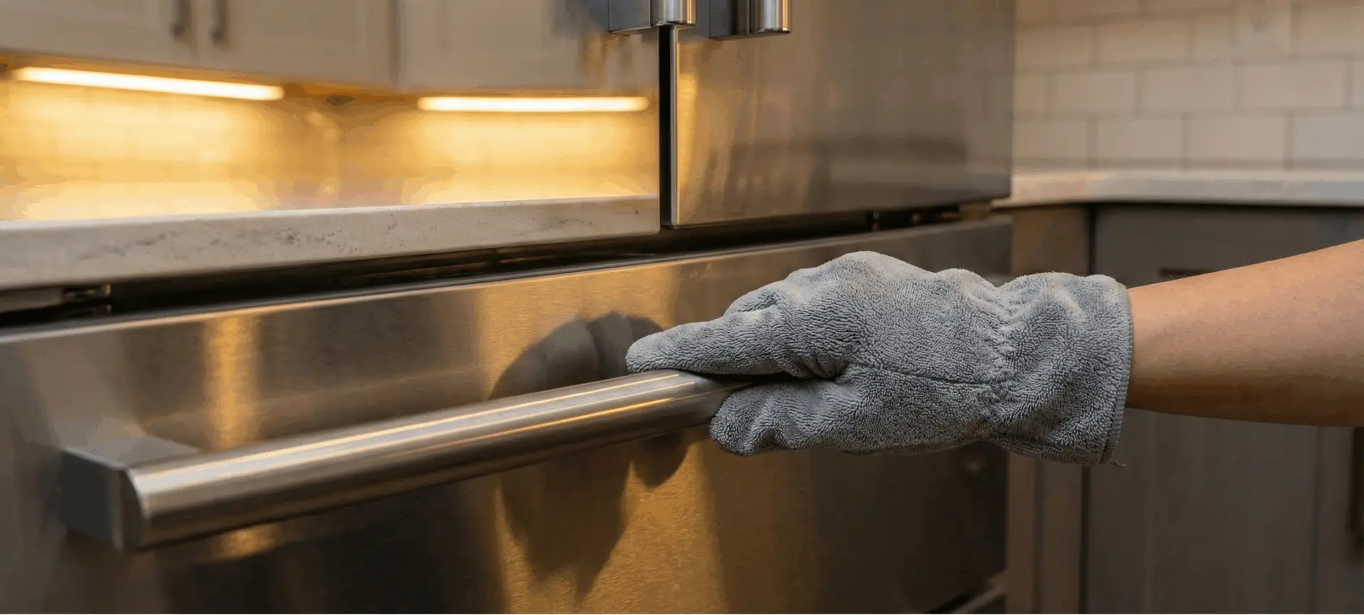 Close‑up of stainless appliance being detailed in a luxury kitchen