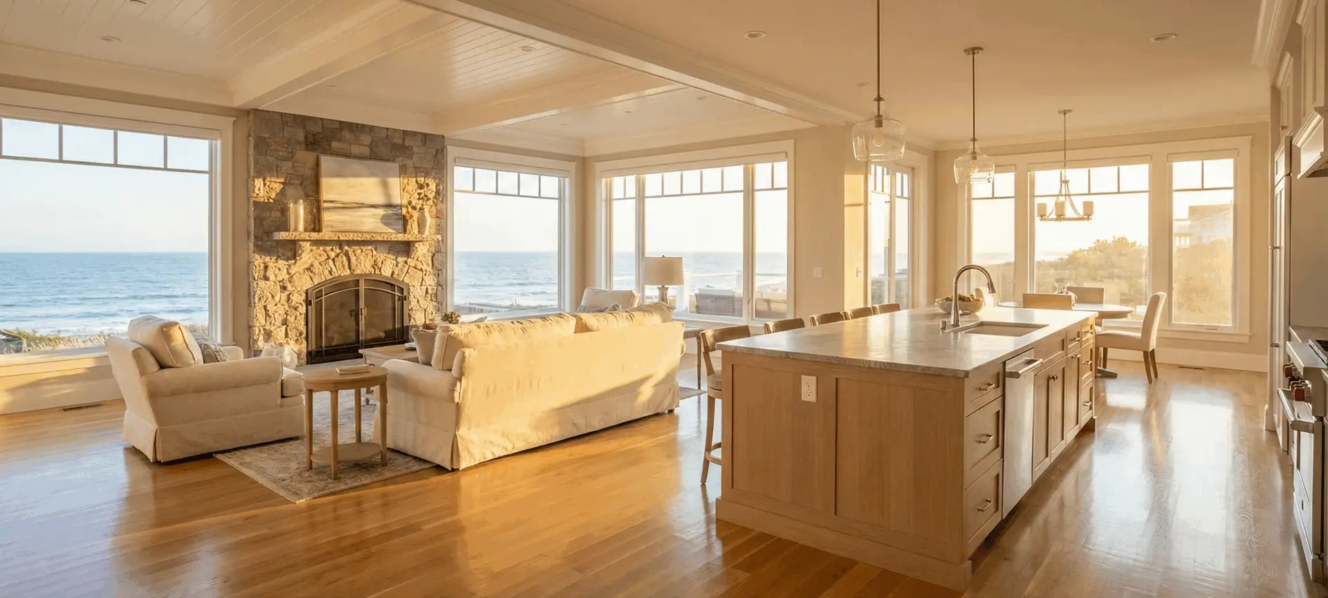 Luxury open‑concept kitchen and living room after a deep clean in Nocatee