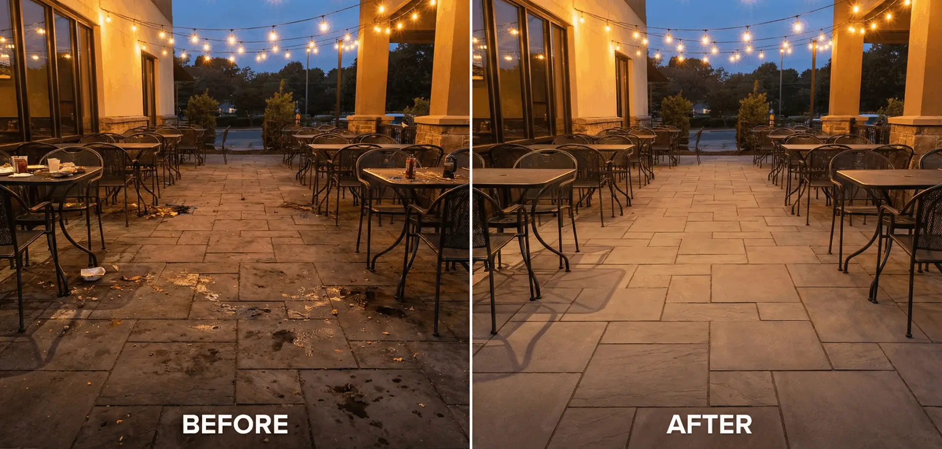 Before and after view of a restaurant patio with grease stains versus clean, uniform pavers