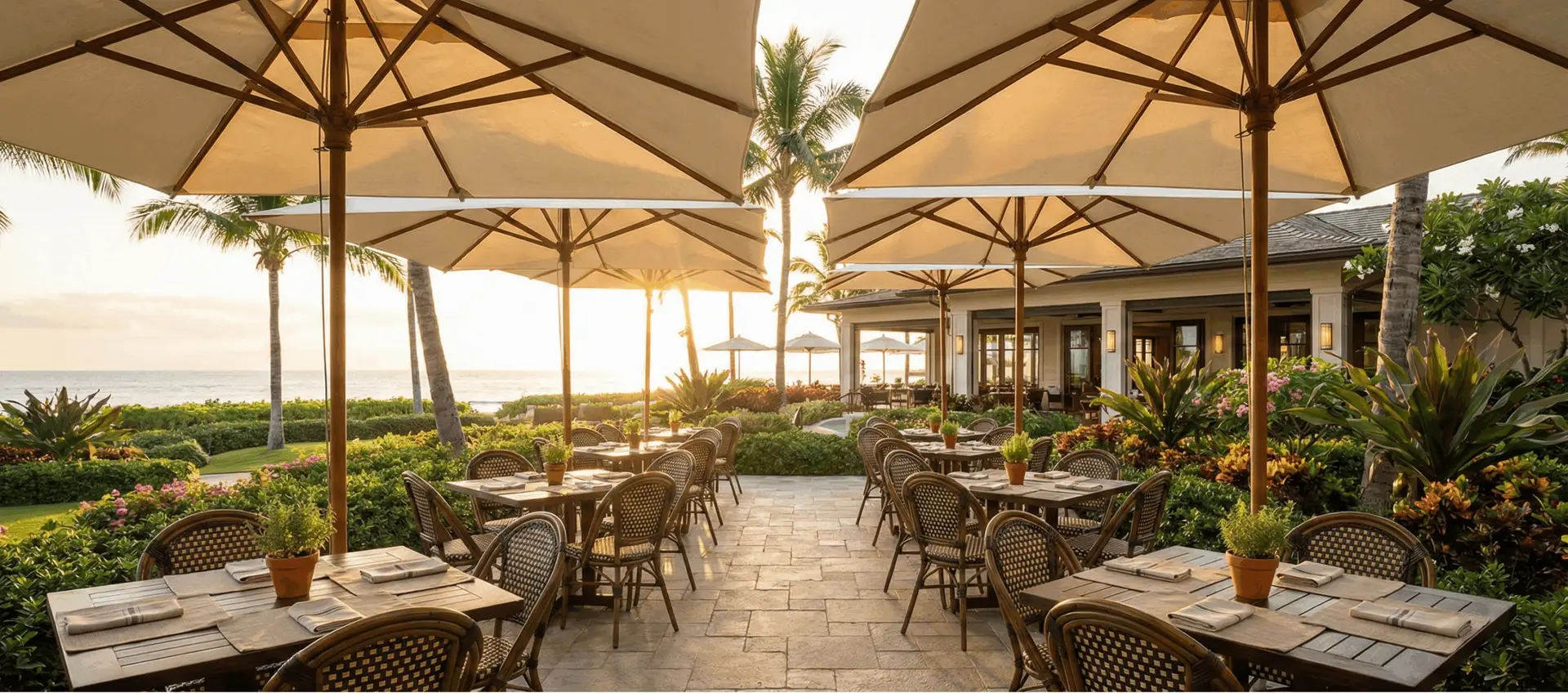 Upscale restaurant patio at sunrise with clean pavers and neatly arranged tables