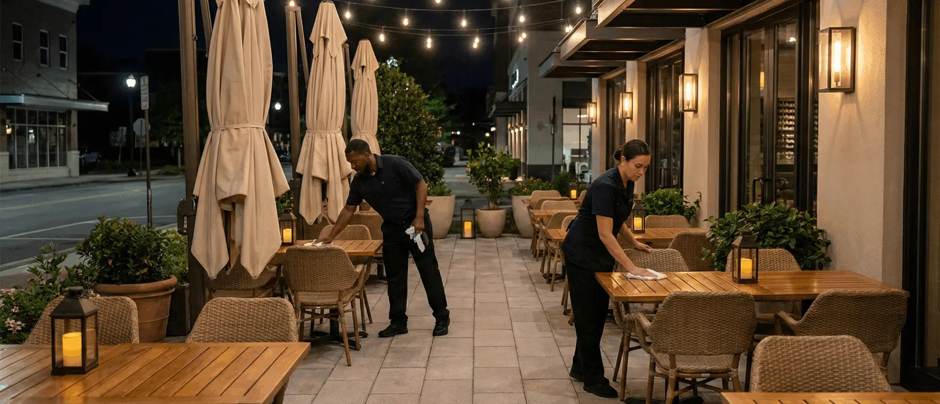 Professional cleaners wiping down outdoor restaurant tables and chairs after closing