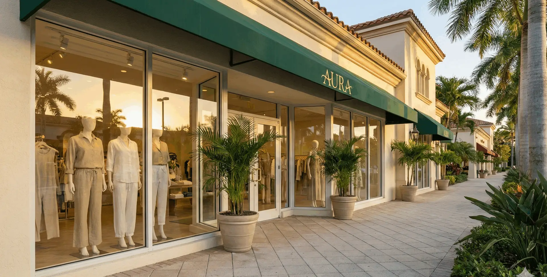 Upscale boutique storefront with spotless glass and clean sidewalk at sunrise