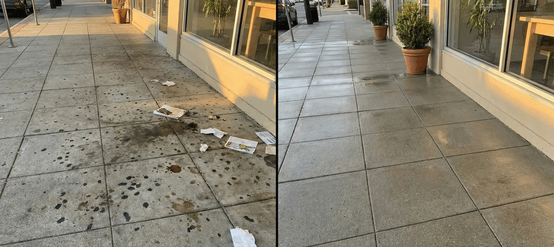 Before and after split image of a storefront sidewalk with gum spots versus clean pavers