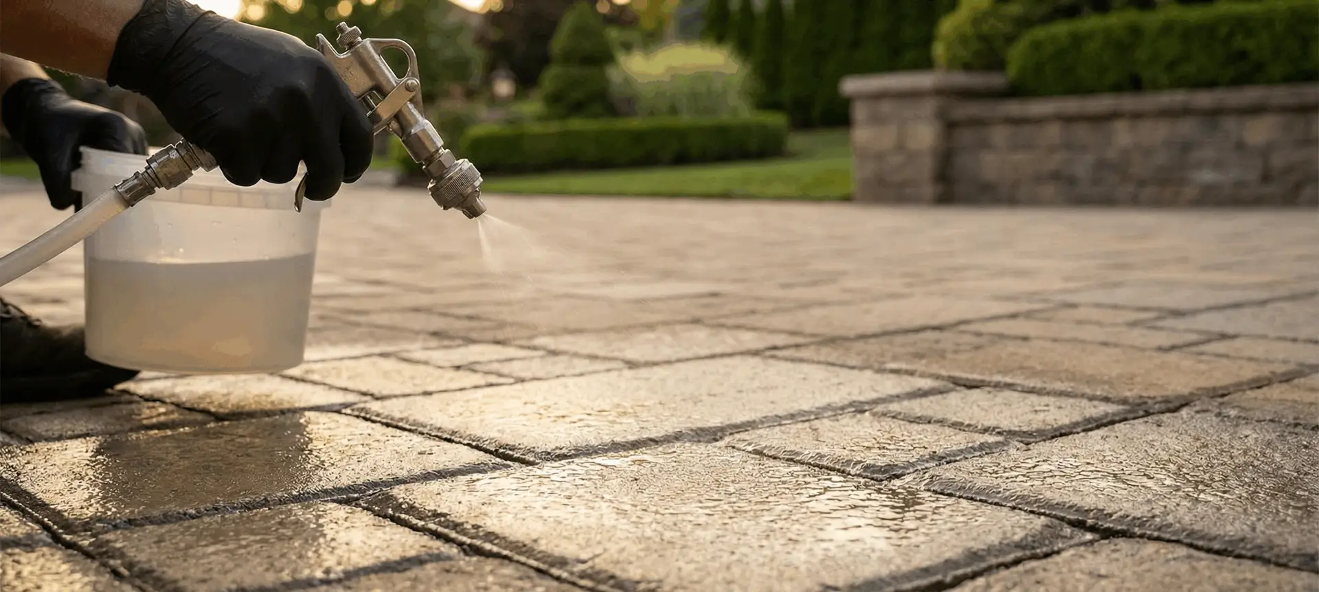 Close-up of paver joints being re-sanded and sealed on a driveway