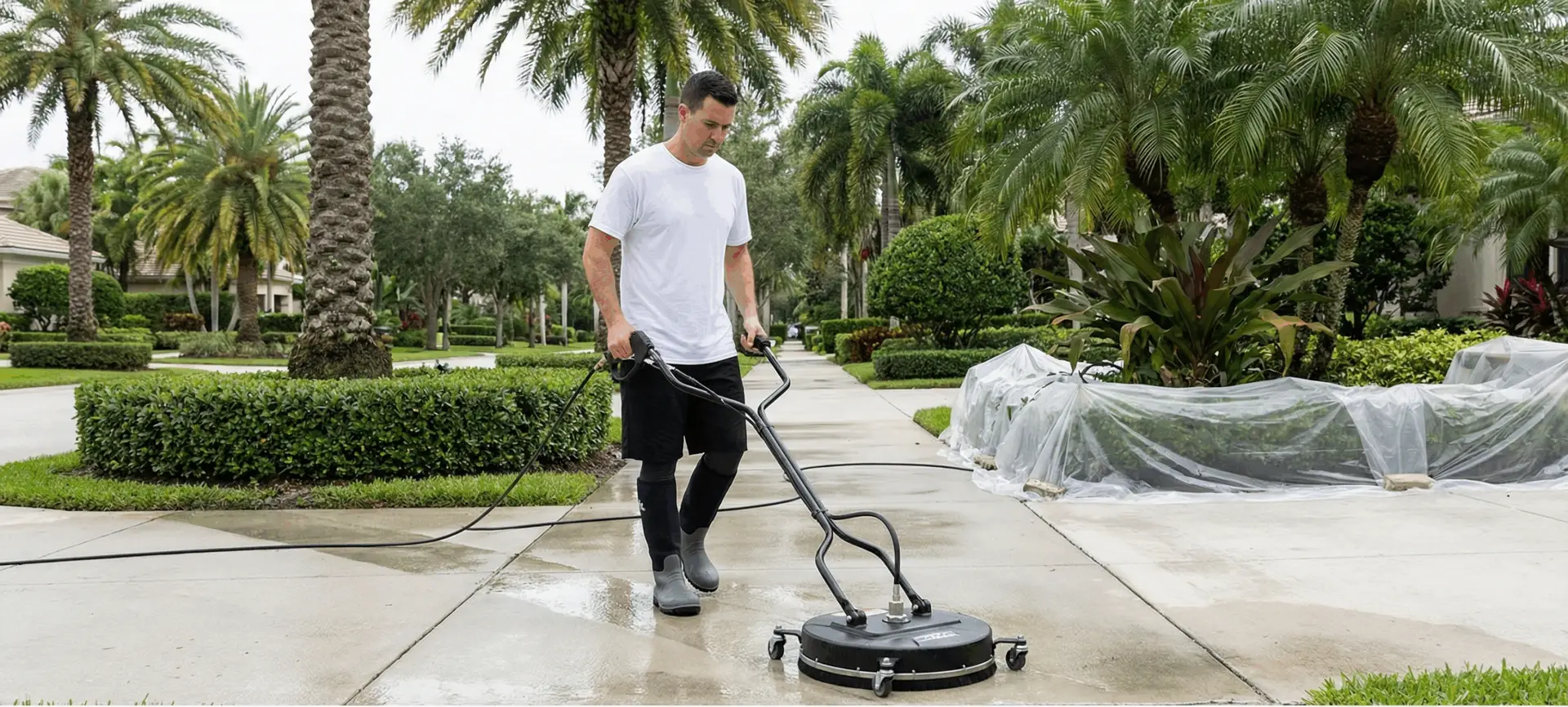 Technician using a surface cleaner on a sidewalk in a landscaped Florida neighborhood