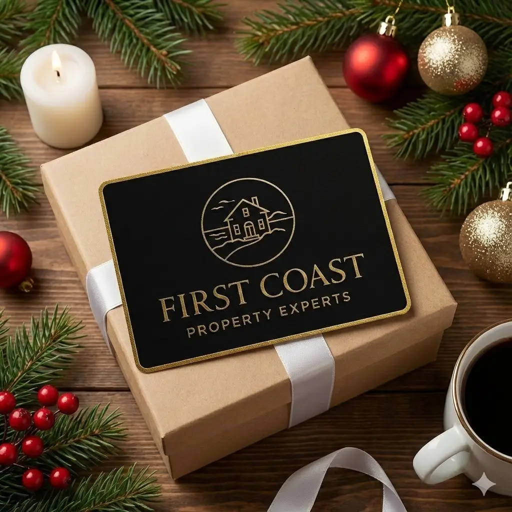 First Coast Property Experts black gift card resting on a brown gift box with holiday greenery and ornaments