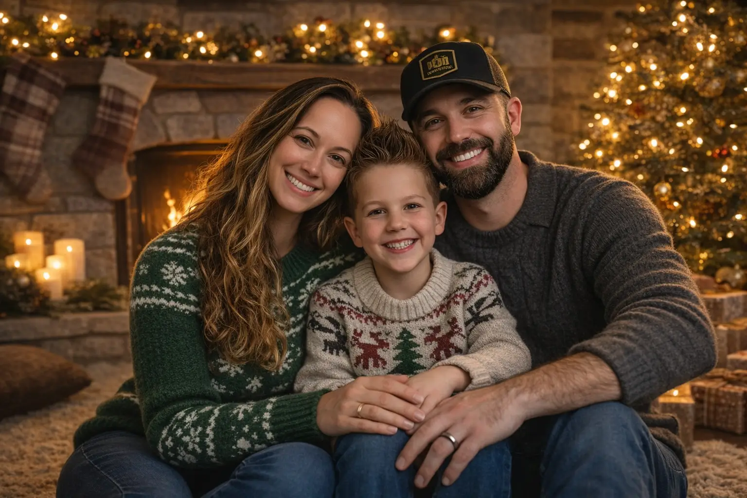 Smiling family in holiday sweaters sitting in front of a fireplace and decorated Christmas tree