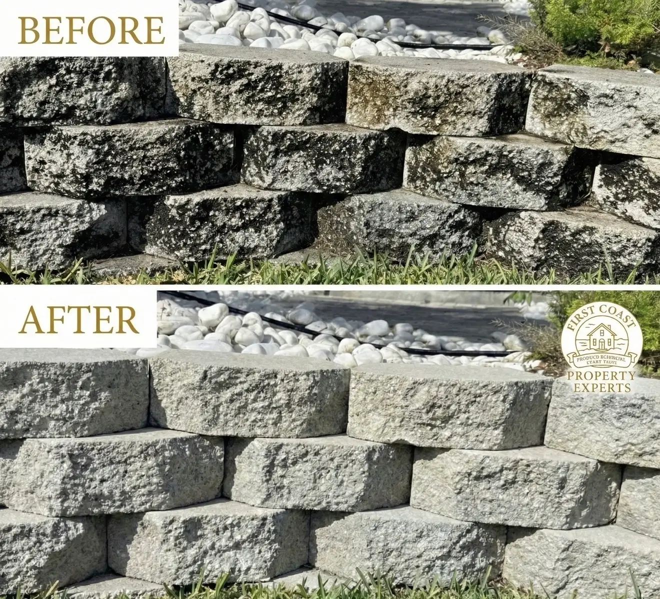 Stone pressure washing before and after transformation