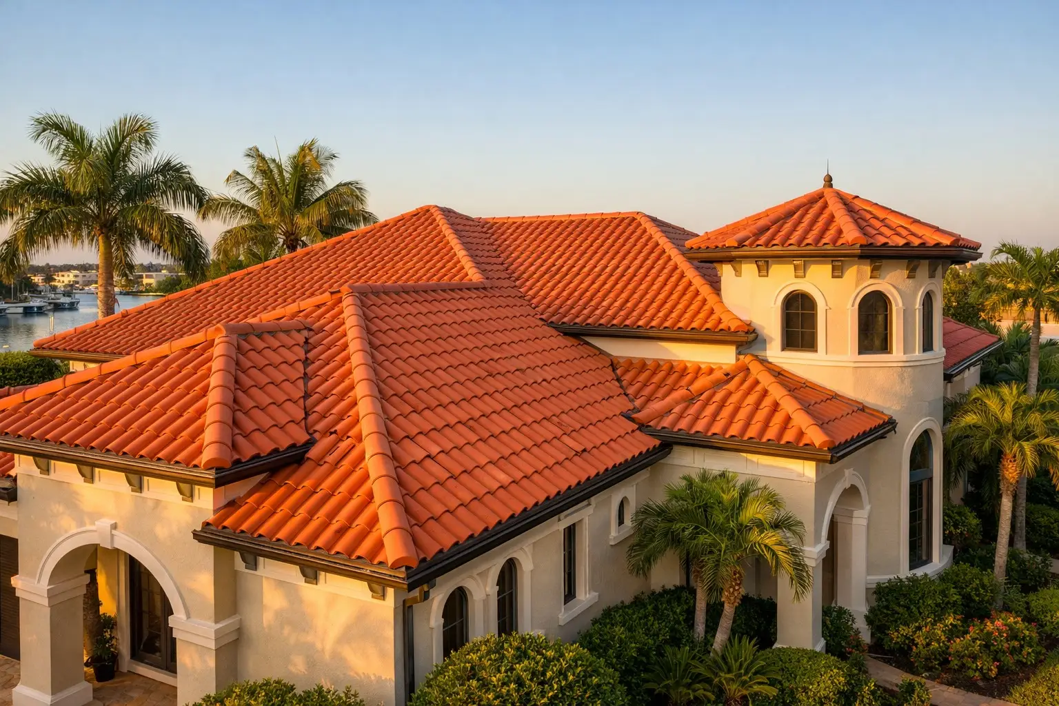 Clean barrel tile roof Florida luxury home