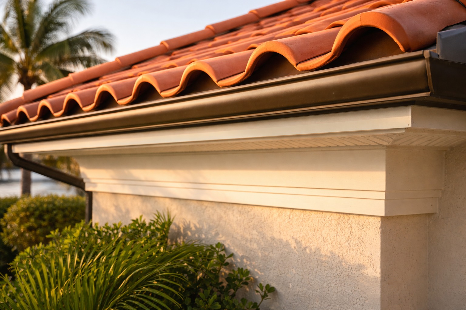 Close-up of clean roof eave, soffit, and fascia with barrel tile edge after professional soft washing — First Coast Property Experts