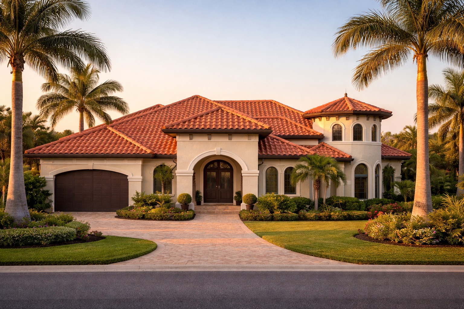 Wide-angle view of a pristine roofline on a luxury Florida estate after professional soft washing — First Coast Property Experts