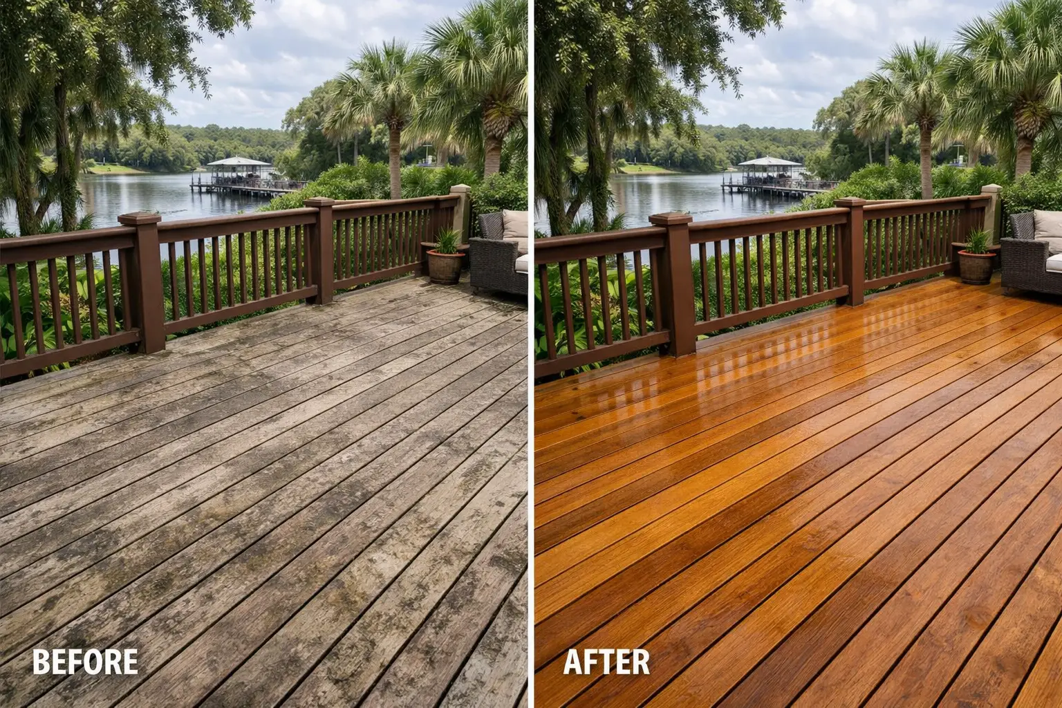 Before and after wood deck cleaning restoration