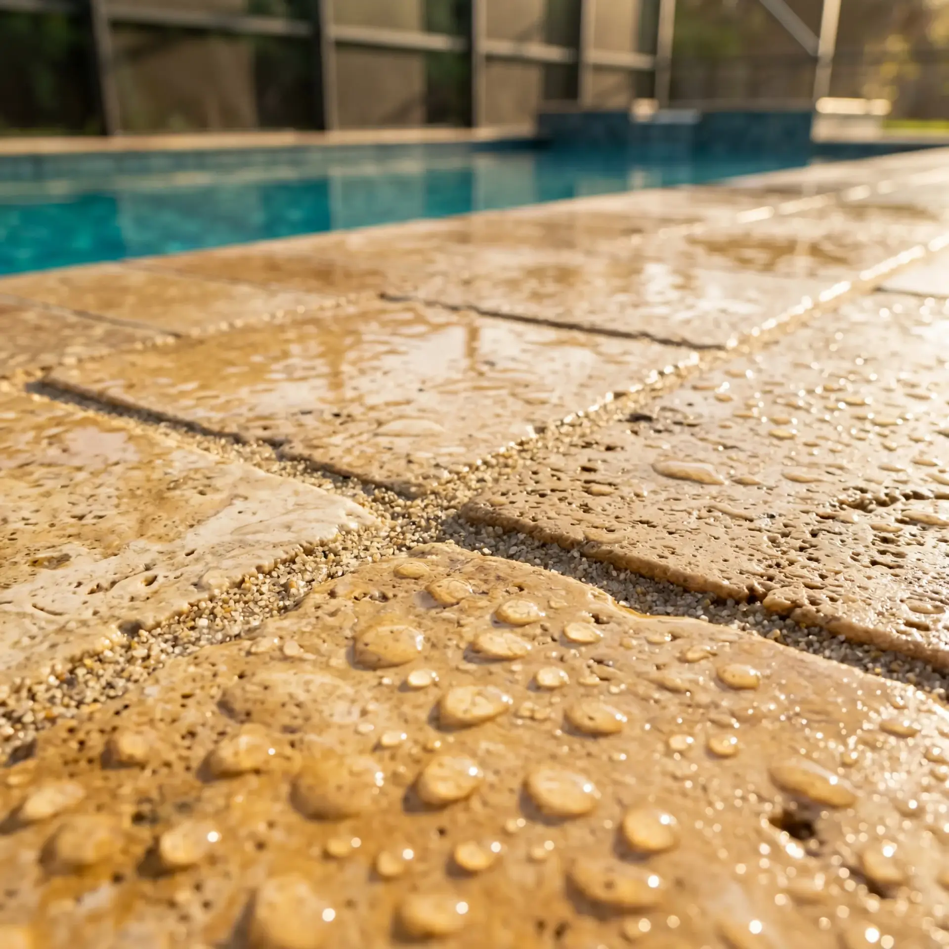 Water beading on sealed travertine