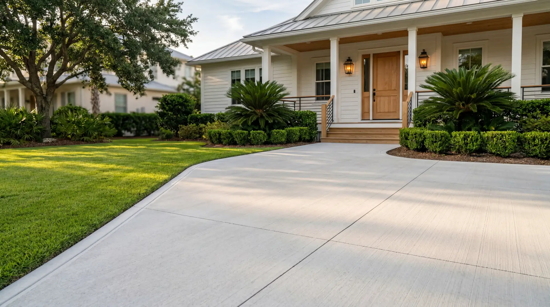 Concrete driveway pressure washed clean by FCPE at Northeast Florida home.