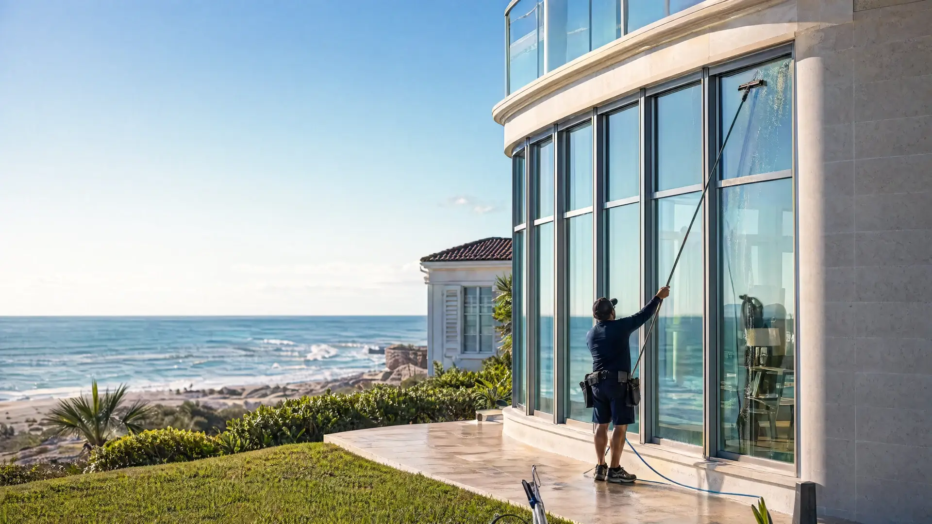 Commercial glass cleaning on coastal building