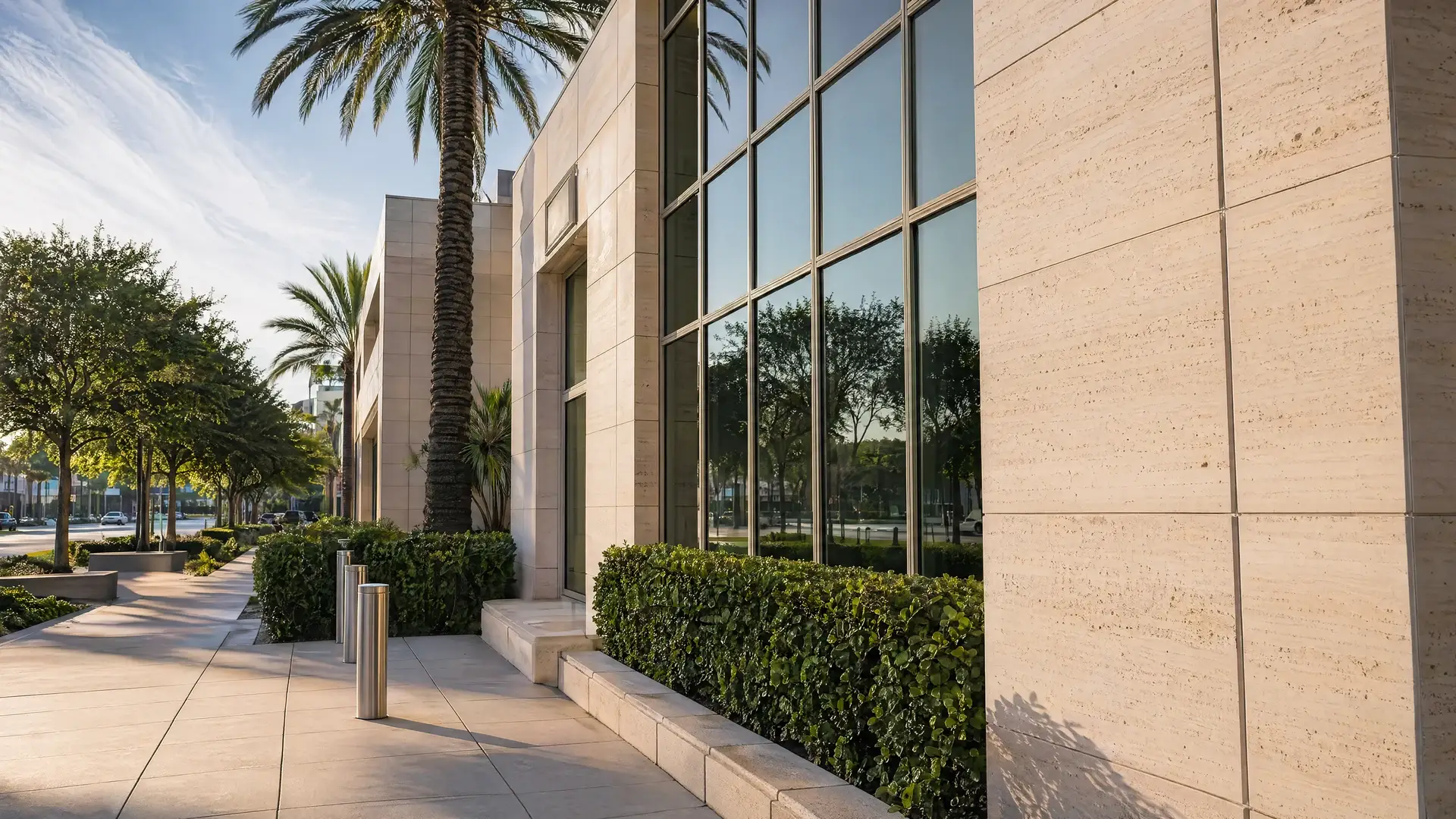 Clean commercial building exterior with palm-lined walkway