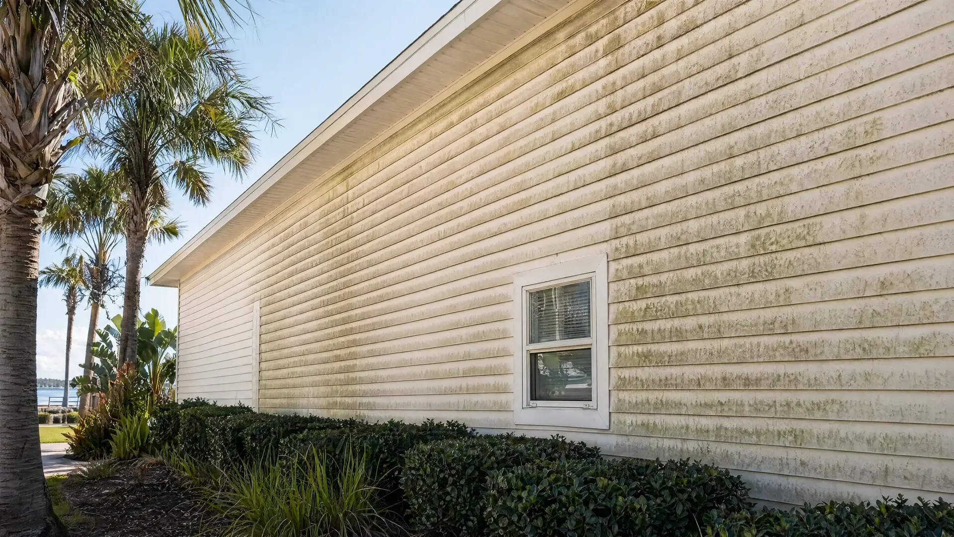 Vinyl siding with algae and mold streaks before professional soft washing