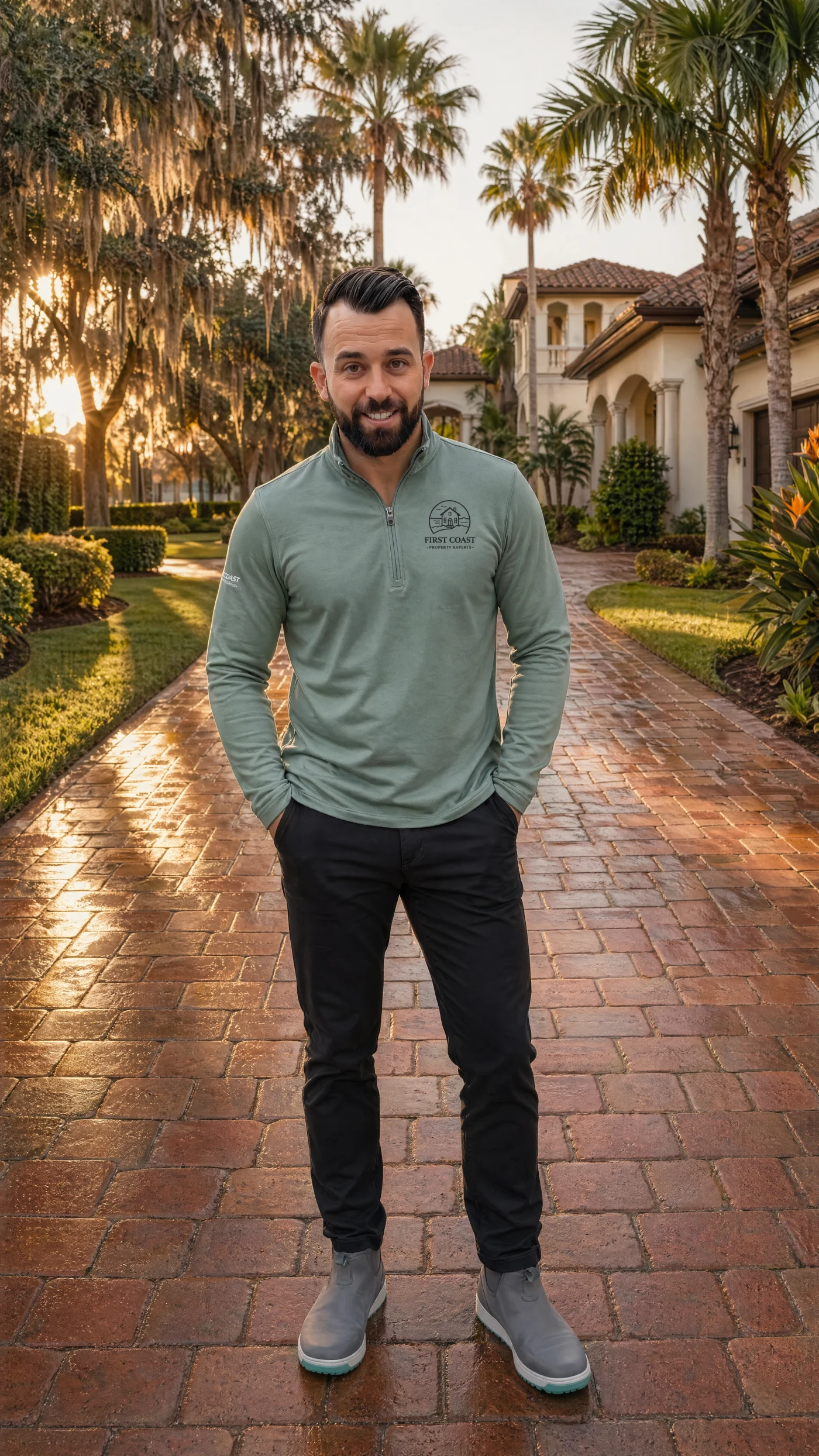 Justin Logan, FCPE founder, on a paver driveway at golden hour